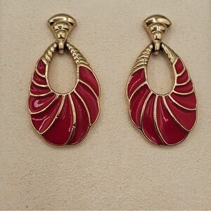 VTG Earrings Trifari Signed Red Enamel Gold Tone Teardrop Stmt Retro 80s Fashion